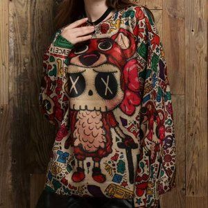 Women Pullover Sweater Medium Beige Red Stretch Crew Neck Print Bear Dolls Relax